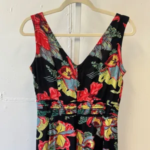 Vintage Kamellia by P.R. Tropical Floral V-Neck Smocked‎ Waist Midi Dress Small thumbnail 5