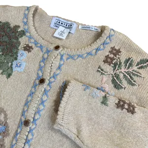 Jantzen Cardigan Women Large Hand Embroidered Fall Florals Cotton Ramie Vintage thumbnail 2