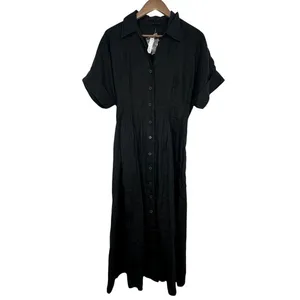 Madewell Black Linen Midi Shirt Dress‎ Button Front Size M Chic Feminine Classic thumbnail 2