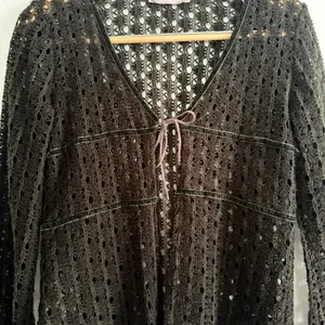 Fresh Wear Dark Olive Green Open Knit Velvet Trim Tie Bell Sleeve Cardigan thumbnail 4