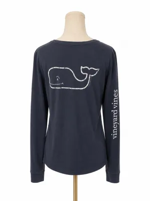 Vineyard Vines Navy Long Sleeve Pocket Tee Whale Logo Size M 100% Cotton thumbnail 2