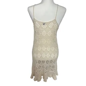 Aerie Crochet Knit Midi Dress Boho Ruffle Hem Beach Coverup Cream Festival sz M‎ thumbnail 7