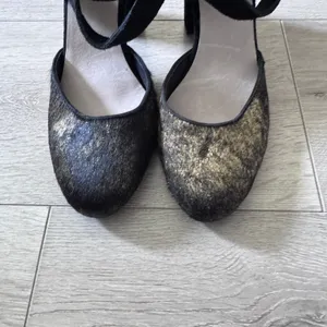 Farylrobin Size 10‎ Black Suede Calf Hair Multi Strap Block Heel Caged Pumps thumbnail 3