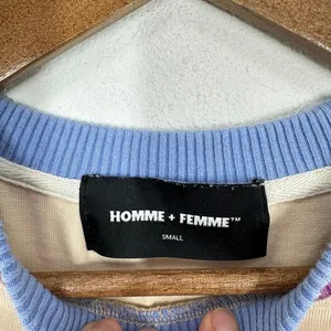 HOMME FEMME Small Beige Logo T-Shirt Ribbed‎ Collar Retro Streetwear Knit Tee thumbnail 4