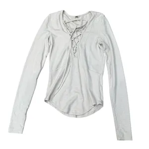 Free‎ People Long Sleeve Lace Up V Neck Top Light Gray Size XS thumbnail 1
