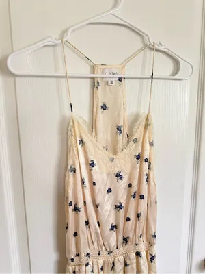Cami NYC Silk Cream with Blue Floral Lace Trim Mini Dress thumbnail 3