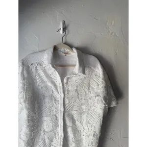 Peach White Lace Crochet Button Down Short Sleeve Shirt Top L Coquette Victorian thumbnail 2