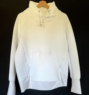 Athleta white quilted pattern cowl‎ neck sweater kangaroo pocket women's L thumbnail 1