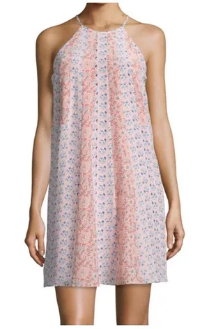 Rebecca Taylor Silk Floral Halter Mini‎ Dress Womens 2 Pink Blue Boho Pleated thumbnail 1