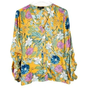 RD & Koko Floral Shirred Long Sleeve V-Neck Top Size Large L EUC L2730 thumbnail 1