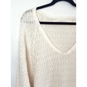 We The Free People Thien Hacci Ivory Textured Knit Fringe V-Neck Oversized Small thumbnail 3