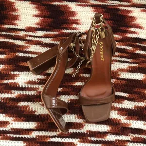 Chocolate Brown Patent Leather 3.2” block heels sandals pumps gold padlock chains open peep toe ankle strap #evening #party going out #glamour Size 7 thumbnail 2