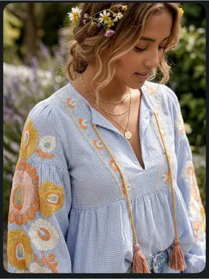 ZARA Woman Boho Embroidered Gingham Blouse - light Blue & White thumbnail 2