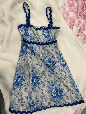 ASOS Blue and white floral mini dress with scalloped trim and blue straps thumbnail 2