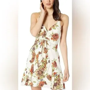 Free People Floral Ruched Ruffle Sleeveless Mini Sundress Ivory Multi Size M thumbnail 2
