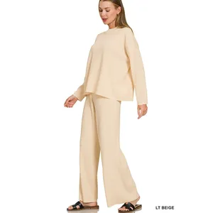 Zenana Viscose Sweater Top & Pants Set - LT. Beige - Small thumbnail 3