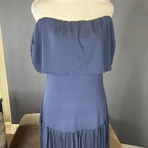 Women’s Navy Off-Shoulder Maxi Dress Pleated Skirt Size L thumbnail 2