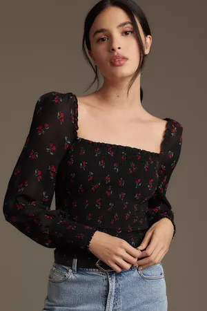 Reformation Pinto Black Long-Sleeve Rose Print Square-Neck Top Sz 10 thumbnail 1