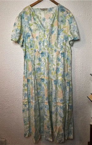 Floral V-Neck Linen Blend Cottagecore Maxi Dress in Pastel Blue & Green thumbnail 1