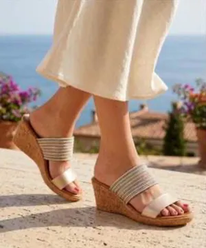 Women's Neutral Beige Cork Wedge Slide Sandals thumbnail 1