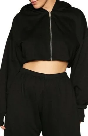 Naked Wardrobe Hoodie Womens 1X Black Cropped Zip Up Solid‎ NWT thumbnail 1