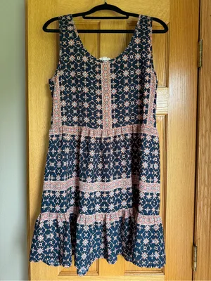 Sweet Journey Boho Tiered Mini Dress Sleeveless Geometric Print Navy Orange thumbnail 4