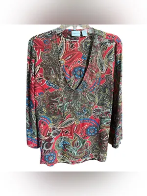 Vtg Y2K Chico’s Paisley Beaded Embellished Silk Blouse V-Neck Long Sleeve Red 1 thumbnail 4
