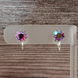 Vintage Screw On Earrings Iridescent Dark Pink Gems - Fair Condition thumbnail 1