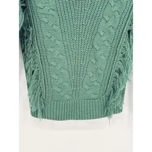 Alison Andrews Sage Green Fringe Cable Knit Sweater Medium Boho Chunky Pullover thumbnail 4