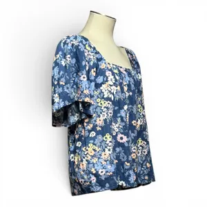 Gap Cotton Short Sleeve Square Neck Top Blue Floral Pink Yellow Medium thumbnail 5