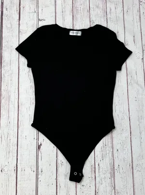 Women’s Double Layer Short Sleeve Black Thong Bodysuit Size Medium NWOT thumbnail 1