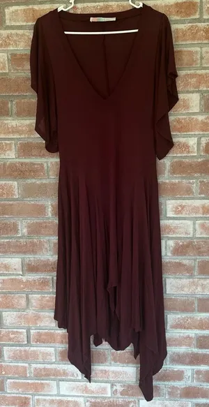 Free People Beach Asymmetrical Midi Dress Flutter Sleeves Women’s Small Maroon thumbnail 1