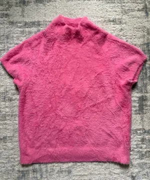 Worn Once Anthropologie Maeve Fuzzy Short-Sleeve Mock Neck Sweater in Hot Pink thumbnail 1