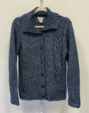 L.L. Bean Marled Cable Knit Button Front Cardigan Sweater Speckled Wool Blend M thumbnail 1