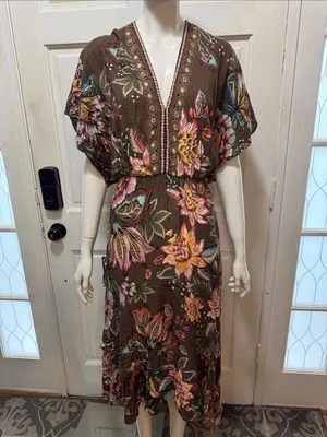Farm Rio Anthropologie Valentina Brown Floral Maxi Dress In Brown Motif Size XS thumbnail 2