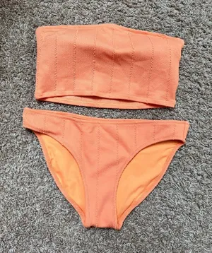 aerie Coral Textured Strapless Bikini Set thumbnail 1