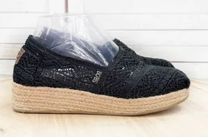 Bobs by Skechers Crochet Lace Wedge Espadrille Platform Slip On Shoes Black 7.5 thumbnail 1