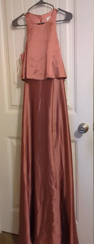 Revelry Wren Satin Fitted High Neck A-line Bridesmaid Dress 6 Desert Rose thumbnail 1