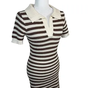 The Workshop Crocheted Midi Dress S Brown Striped Collared Retro Cotton Knit‎ thumbnail 5