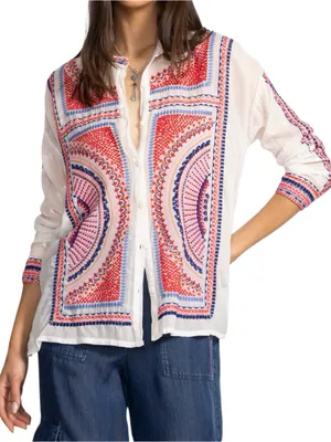 Johnny Was Women’s Size S White Pink Red Blue Embroidery Button Down Blouse thumbnail 2