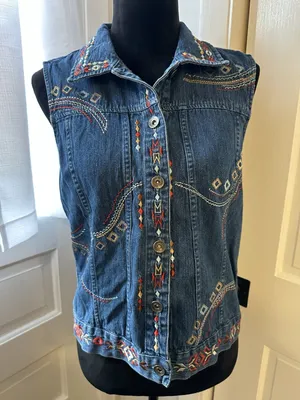 Vintage Embroidered Aztec Jean Vest Women's Medium Christopher & Banks Western thumbnail 1