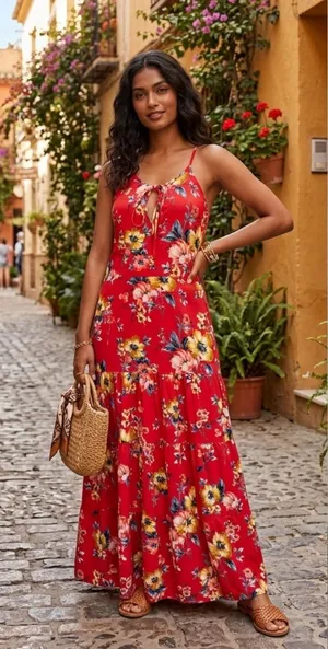 Band of Gypsies Red Floral Tiered Maxi Dress Small Halter Keyhole Boho Sundress thumbnail 1