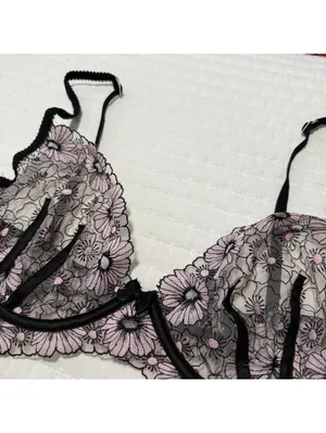 For Love and Lemons Coco Bra Unlined Floral Lace Black/Pink Bones Side Sz XL thumbnail 10