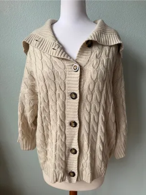 Ann Taylor Cream Cable-Knit Button Cardigan thumbnail 2