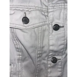 Free People White Distressed Denim Jacket Knit Sleeves Indie Sleaze Crop M thumbnail 4