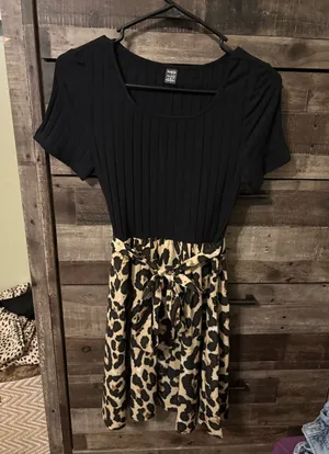 SHEIN Black Ribbed Top with Leopard Print Skirt Dress thumbnail 1
