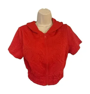 Cropped short sleeve zip up red hoodie jacket juniors size medium thumbnail 1