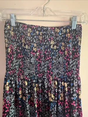 Smocked Waist Floral Midi Skirt - Black with Pink, Yellow & Blue Flowers thumbnail 4