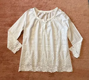 Krazy Kat White Cotton Embroidered Lace Boho Peasant Blouse Tunic Top M Cottagec thumbnail 1