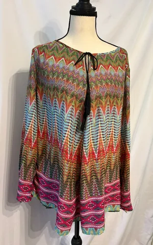 new directions Multicolor Zigzag Tie-Neck Women’s Tunic SZ L thumbnail 1
